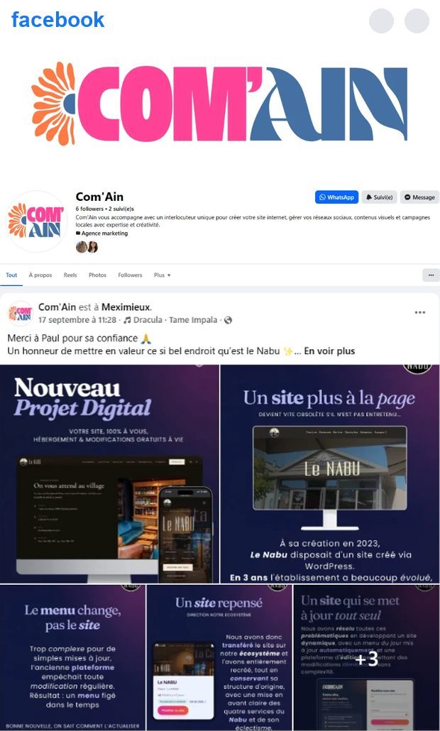 La page Facebook de Com'Ain sur téléphone