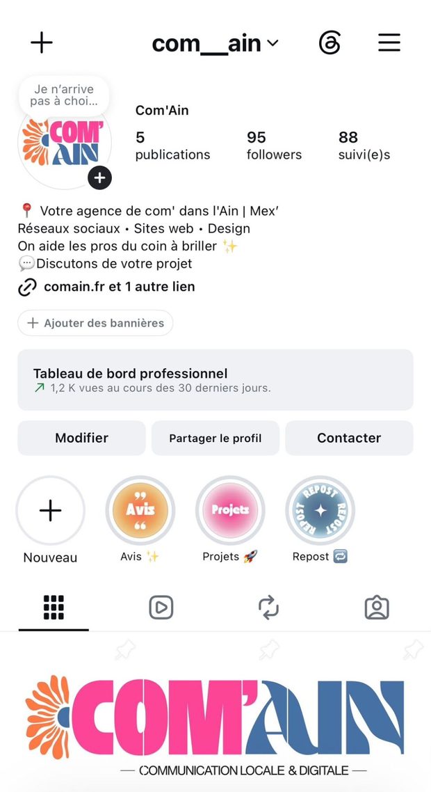 Le compte Instagram de Com'Ain (@com__ain) sur téléphone