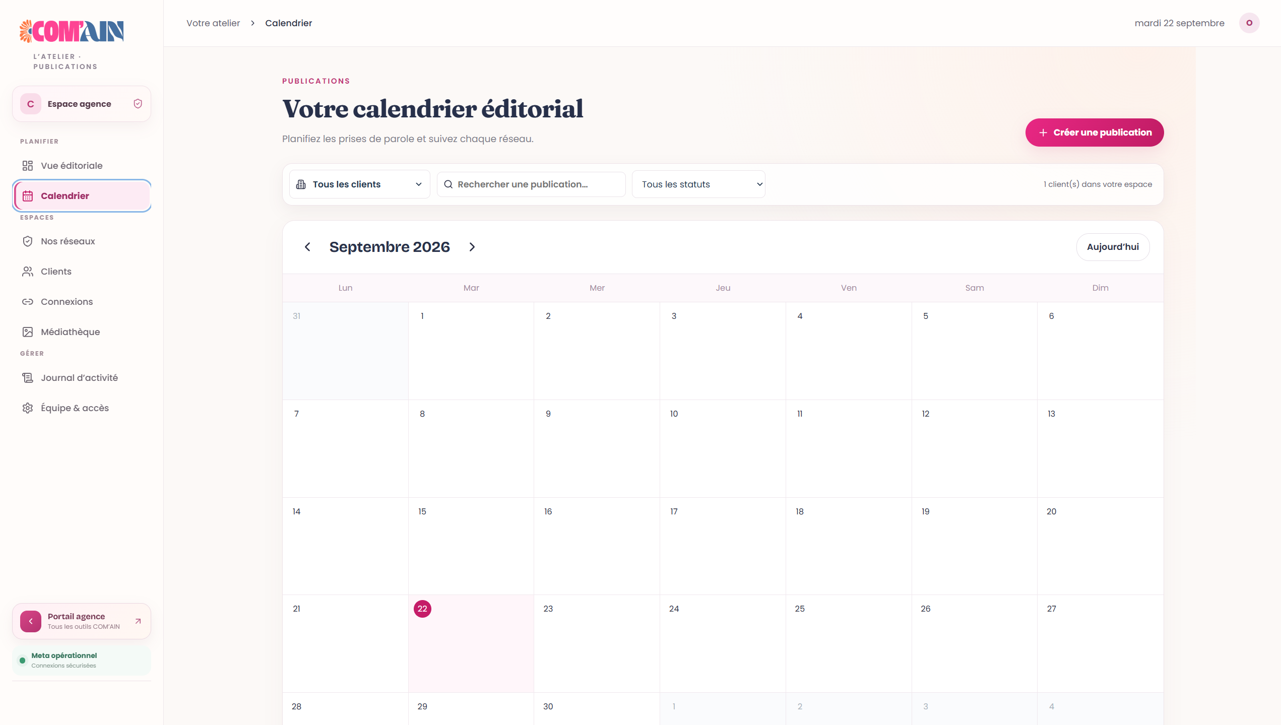 Calendrier éditorial de la plateforme Com'Ain : publications planifiées, brouillons, à valider, programmées et publiées