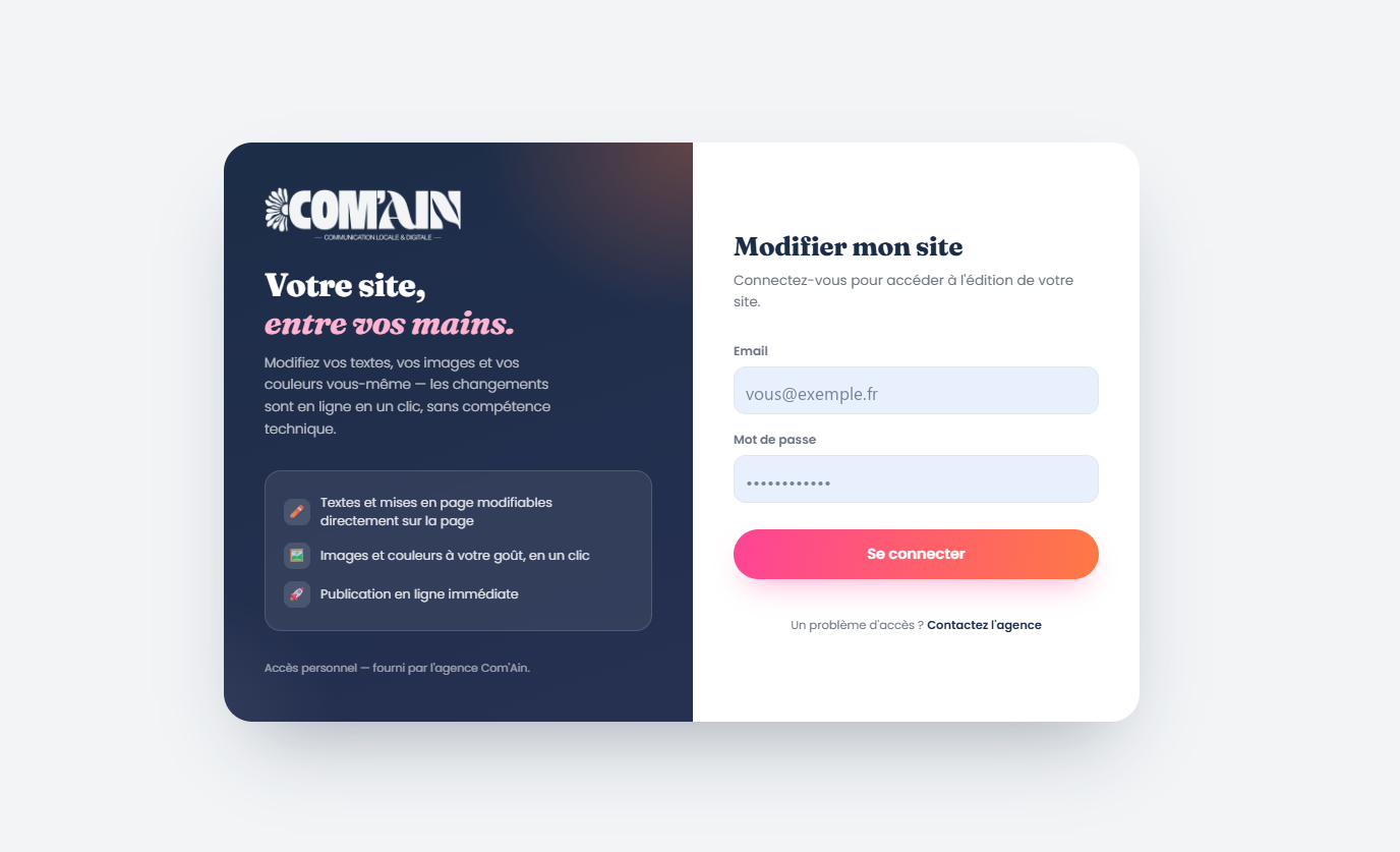 Écran de connexion personnel « Modifier mon site », fourni par l'agence Com'Ain