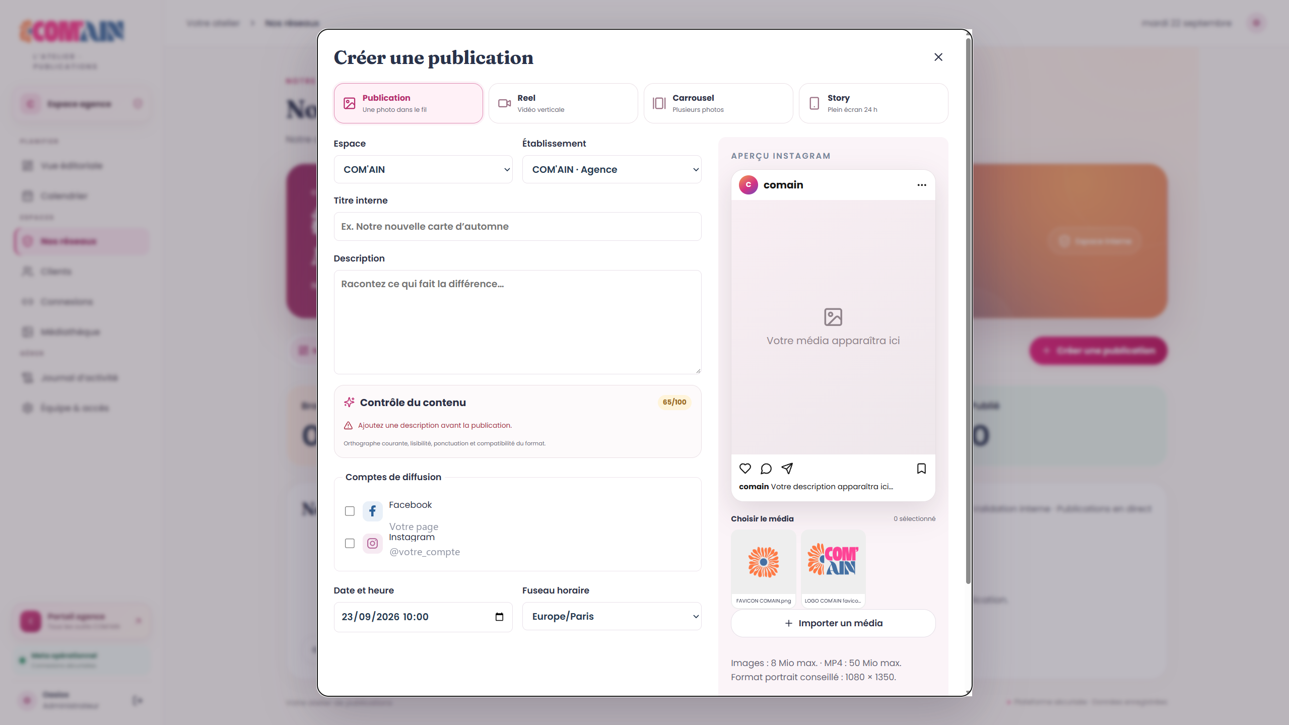 Formulaire de création d'une publication : réseaux, description, date et aperçu Instagram en direct