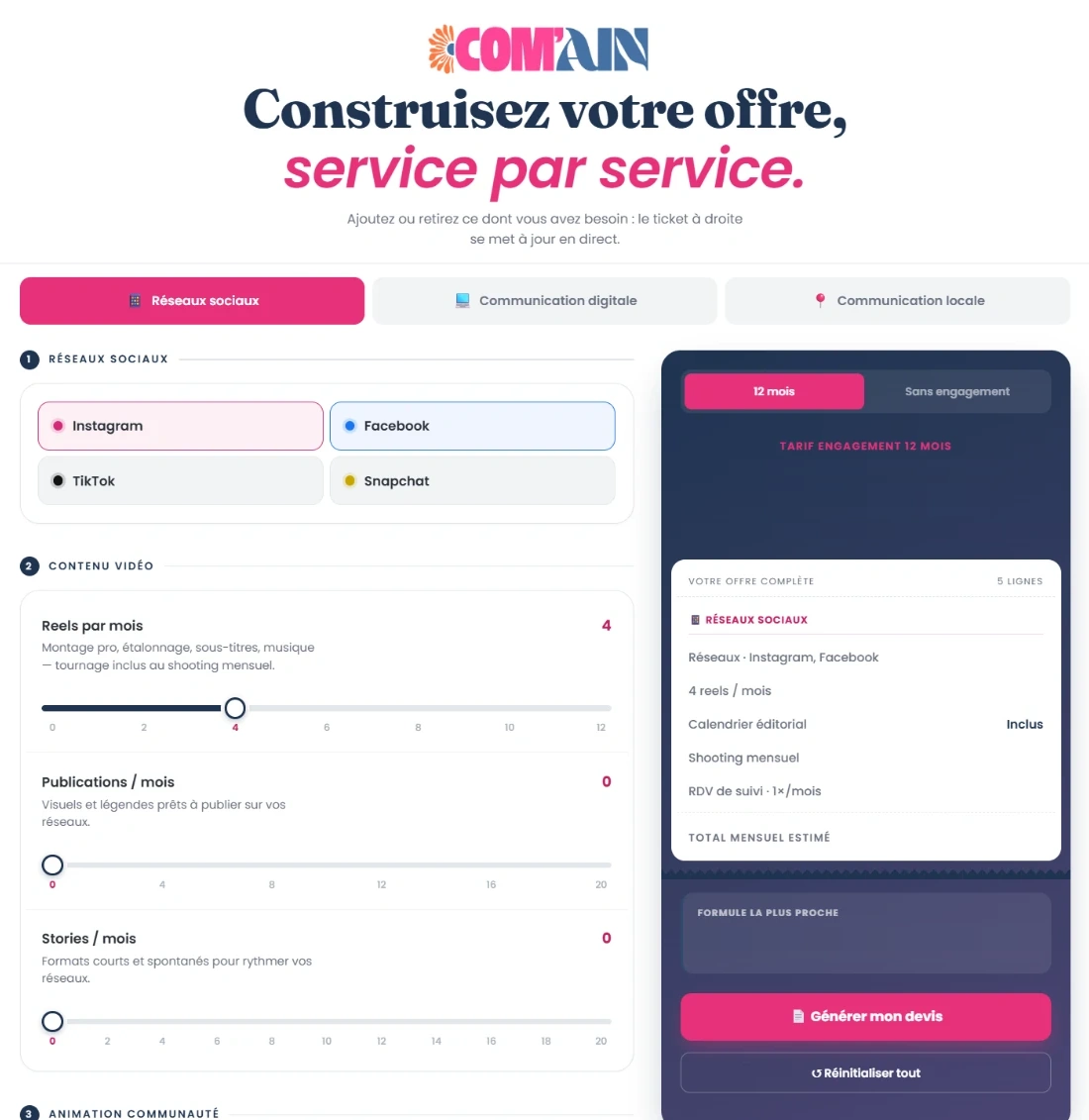 Aperçu du configurateur de devis Com'Ain : choix du pôle, curseurs de prestations et ticket de l'offre, montants masqués
