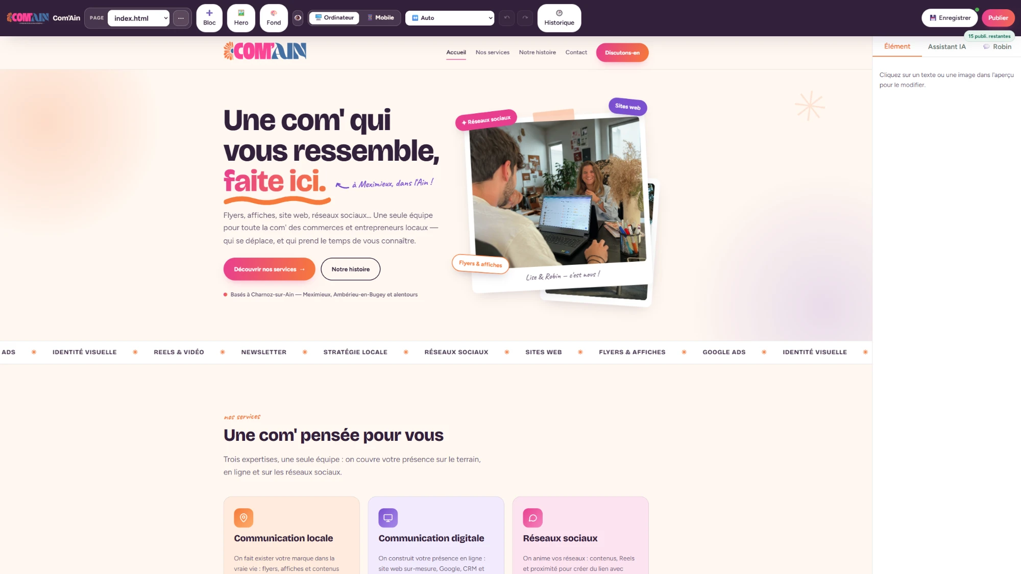 Interface de la plateforme Com'Ain : aperçu du site en direct, blocs et éléments modifiables en un clic
